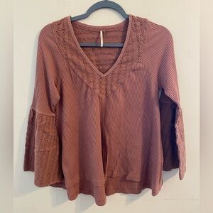 Free People Boho Bell Sleeve Brown‎ Mauve V-Neck Oversized Blouse Size XS